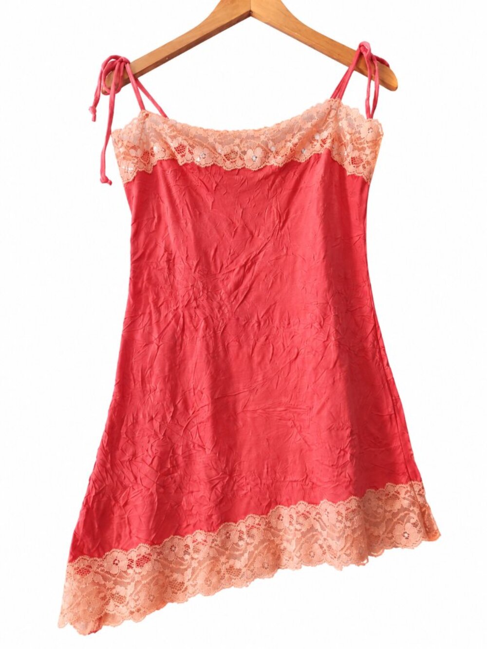 Guess Jeans Authentic Coral Pink Lace Trim Asymmetrical Hem Y2K Slip Dress S